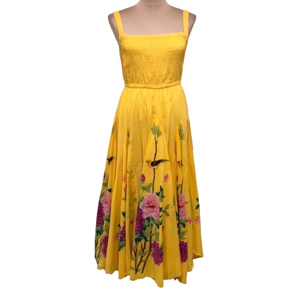 Vintage Maxi Dress Size XS-Medium Yellow Tropical Floral Bird Asymmetrical Hem